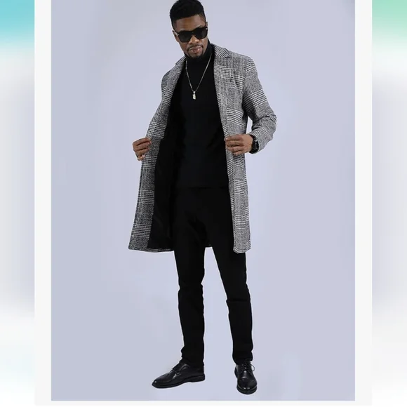 Uaneo Plaid Mid Length Single Breasted Coat Unisex Peacoat - Picture 2 of 6